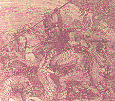 Тор, борющийся с Йормунгандом во время Рагнерека. На заднем плане виден Один на Слейпнире. Иллюстрация из книги XIX века
